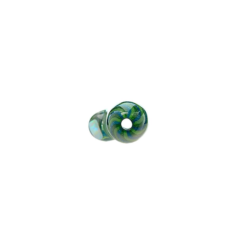 A premium Dank Banger Cactus Glass Filter Tip showing detailed green and blue spiral linework with a shimmering opal gemstone embedded into a clear glass marble on the side.