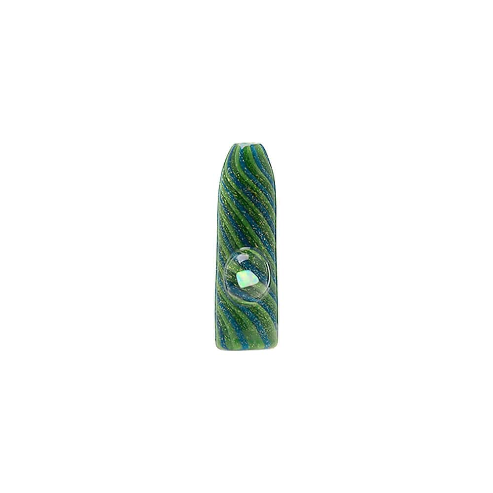 A premium Dank Banger Cactus Glass Filter Tip showing detailed green and blue spiral linework with a shimmering opal gemstone embedded into a clear glass marble on the side.