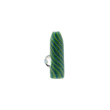 A premium Dank Banger Cactus Glass Filter Tip showing detailed green and blue spiral linework with a shimmering opal gemstone embedded into a clear glass marble on the side.