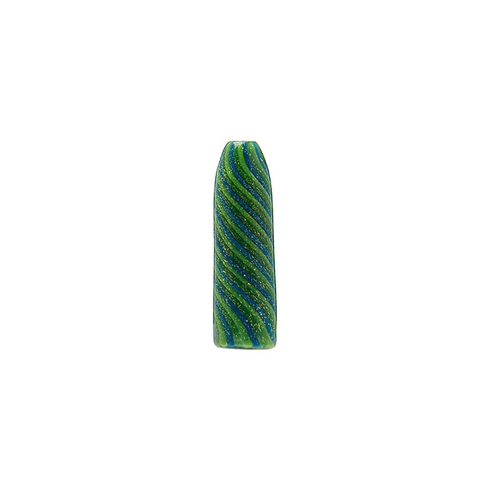 A premium Dank Banger Cactus Glass Filter Tip showing detailed green and blue spiral linework with a shimmering opal gemstone embedded into a clear glass marble on the side.