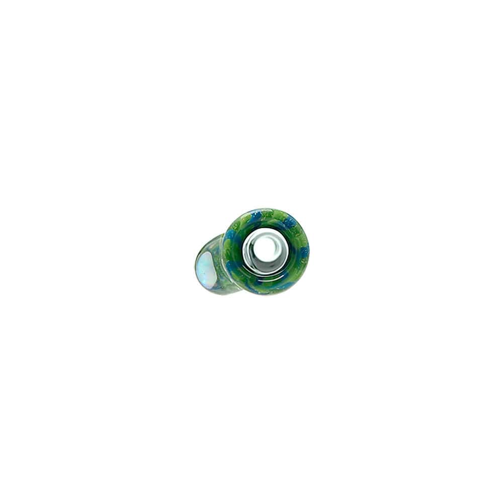 A premium Dank Banger Cactus Glass Filter Tip showing detailed green and blue spiral linework with a shimmering opal gemstone embedded into a clear glass marble on the side.