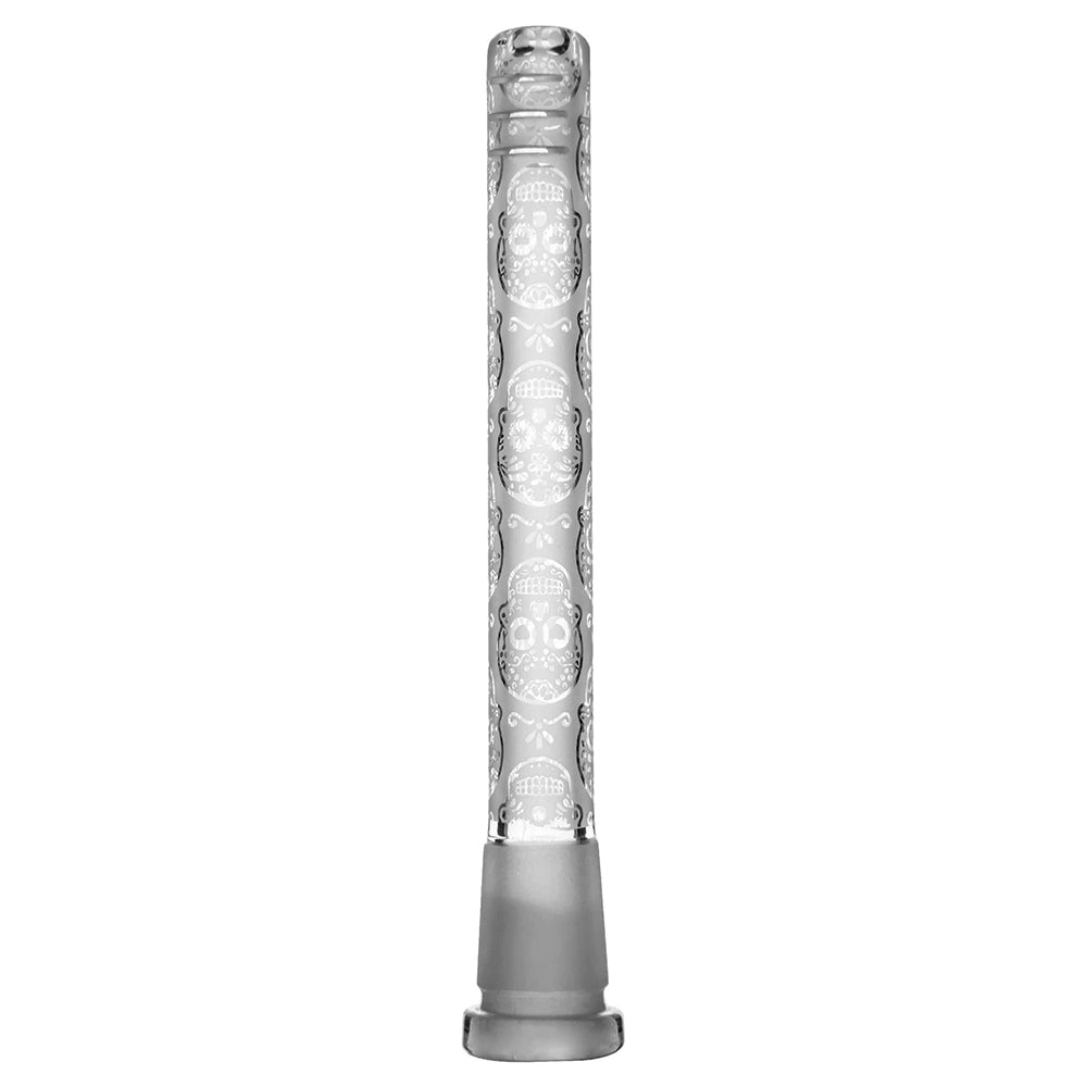 CALIBEAR Etched Art Downstem with unique hand-etched design, thick borosilicate glass, multiple sizes available for dab rigs.