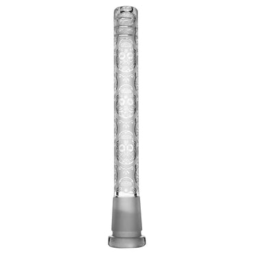 CALIBEAR Etched Art Downstem with unique hand-etched design, thick borosilicate glass, multiple sizes available for dab rigs.