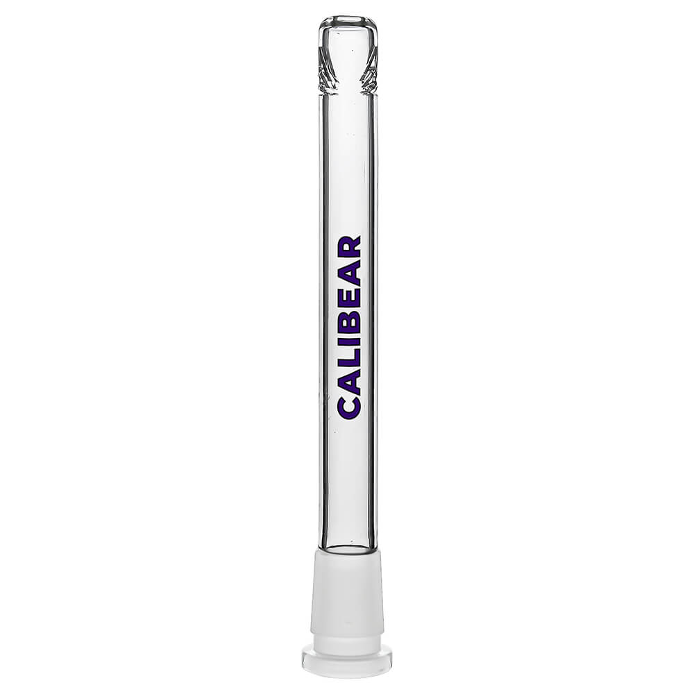 Four clear glass Dank Banger Premium Tri-Seed Slotted Ice Pinch Downstems in varying lengths, showcasing the unique triangular ice pinch restriction at the tip and clear embossed side logos.