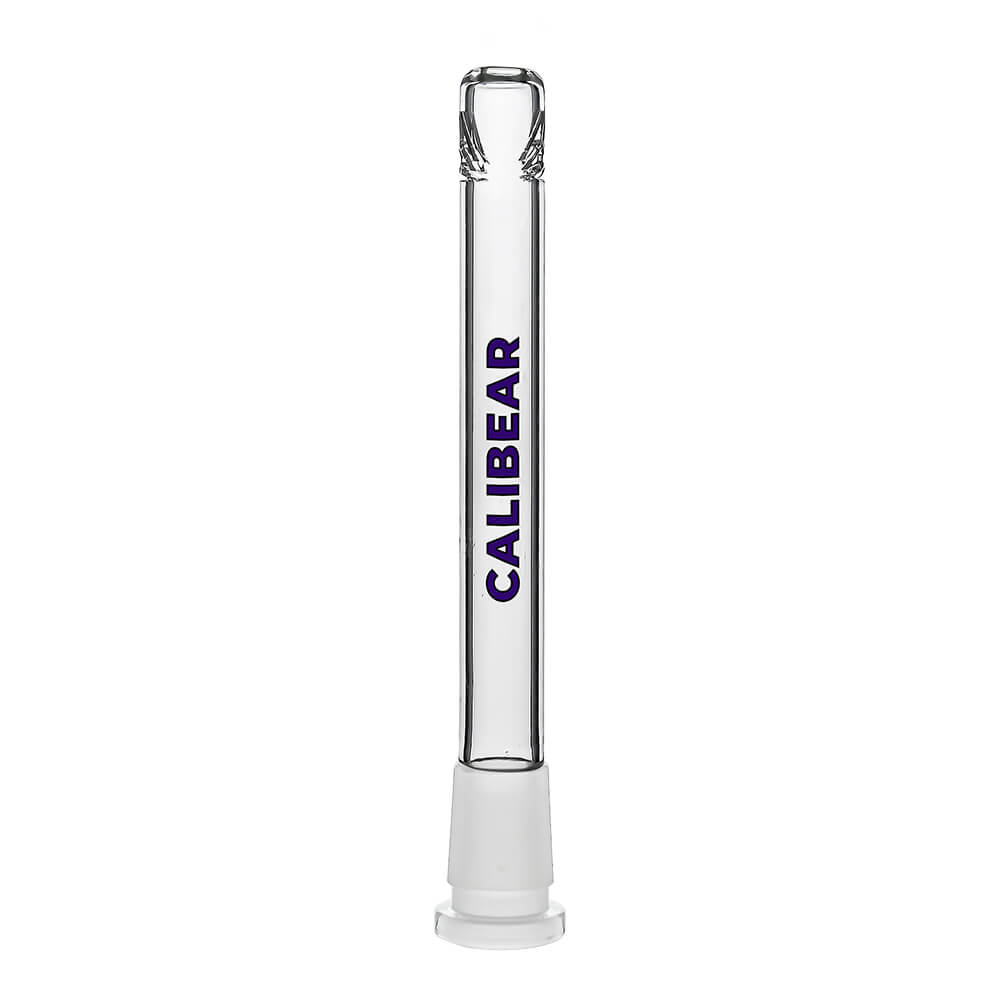 Four clear glass Dank Banger Premium Tri-Seed Slotted Ice Pinch Downstems in varying lengths, showcasing the unique triangular ice pinch restriction at the tip and clear embossed side logos.