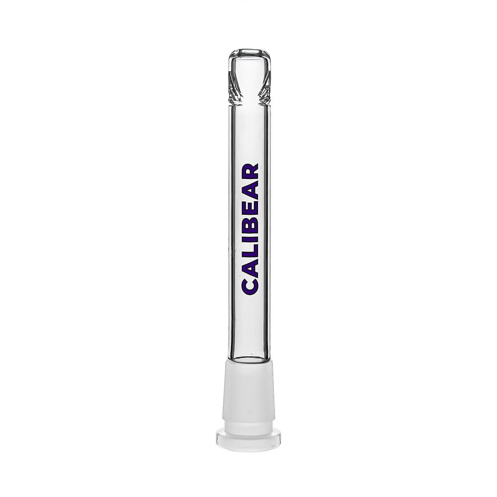 Four clear glass Dank Banger Premium Tri-Seed Slotted Ice Pinch Downstems in varying lengths, showcasing the unique triangular ice pinch restriction at the tip and clear embossed side logos.
