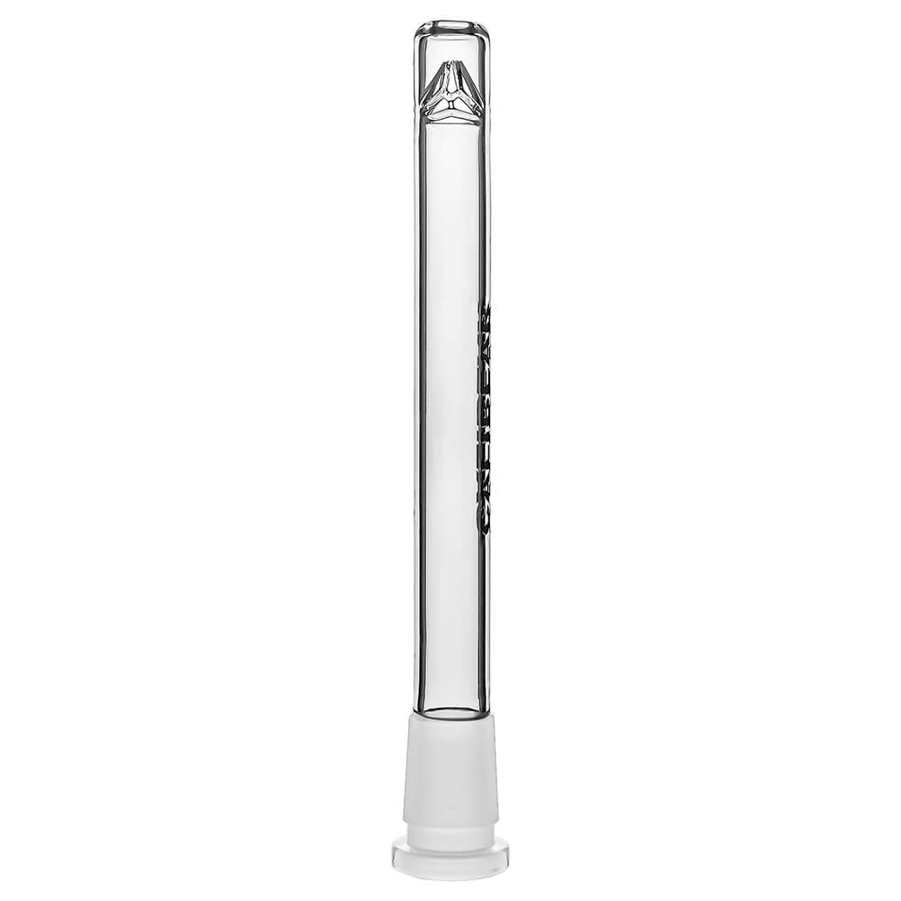 Four clear glass Dank Banger Premium Tri-Seed Slotted Ice Pinch Downstems in varying lengths, showcasing the unique triangular ice pinch restriction at the tip and clear embossed side logos.