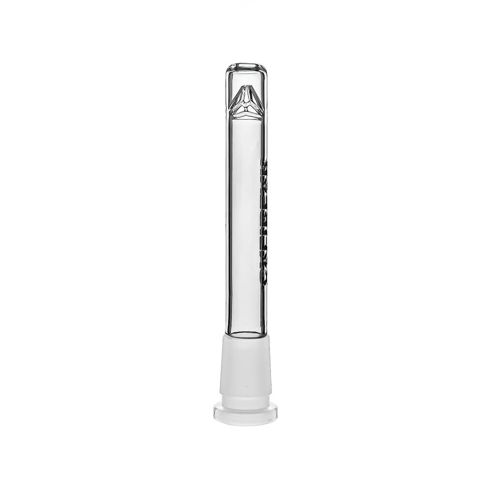 Four clear glass Dank Banger Premium Tri-Seed Slotted Ice Pinch Downstems in varying lengths, showcasing the unique triangular ice pinch restriction at the tip and clear embossed side logos.