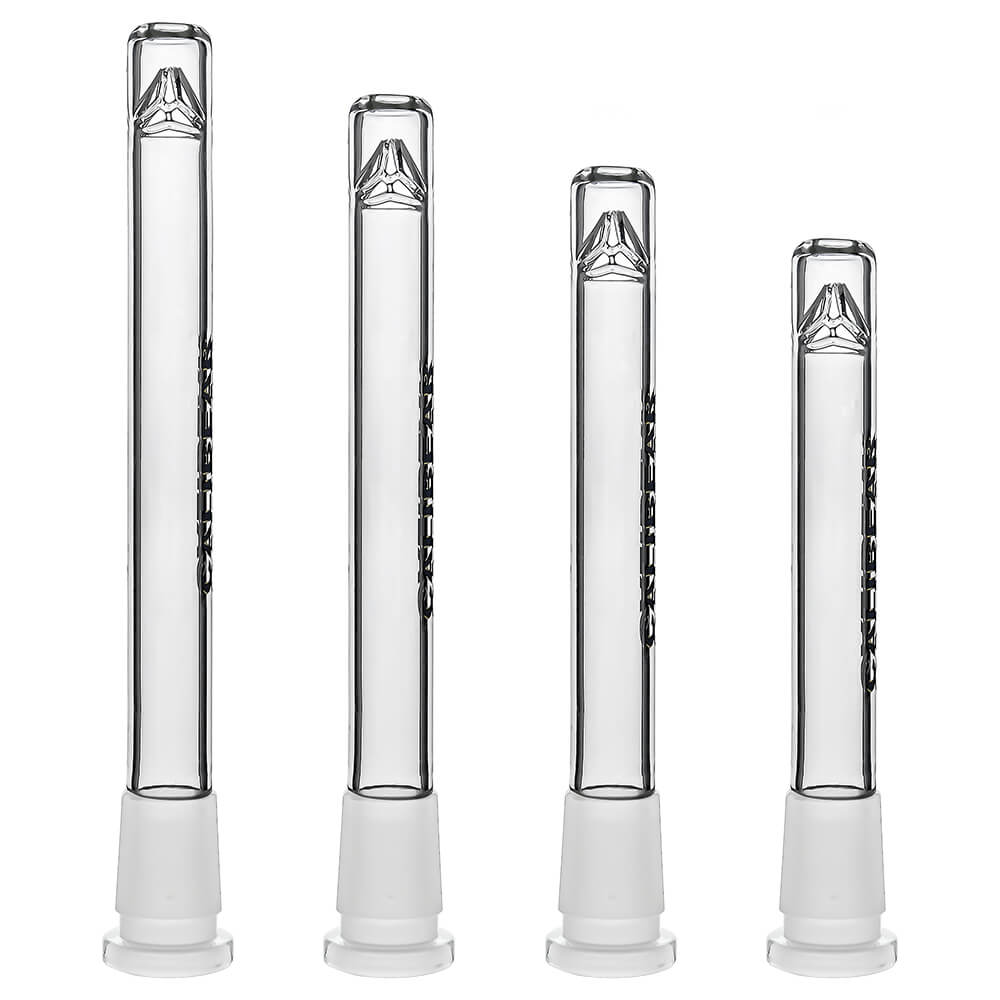 Four clear glass Dank Banger Premium Tri-Seed Slotted Ice Pinch Downstems in varying lengths, showcasing the unique triangular ice pinch restriction at the tip and clear embossed side logos.
