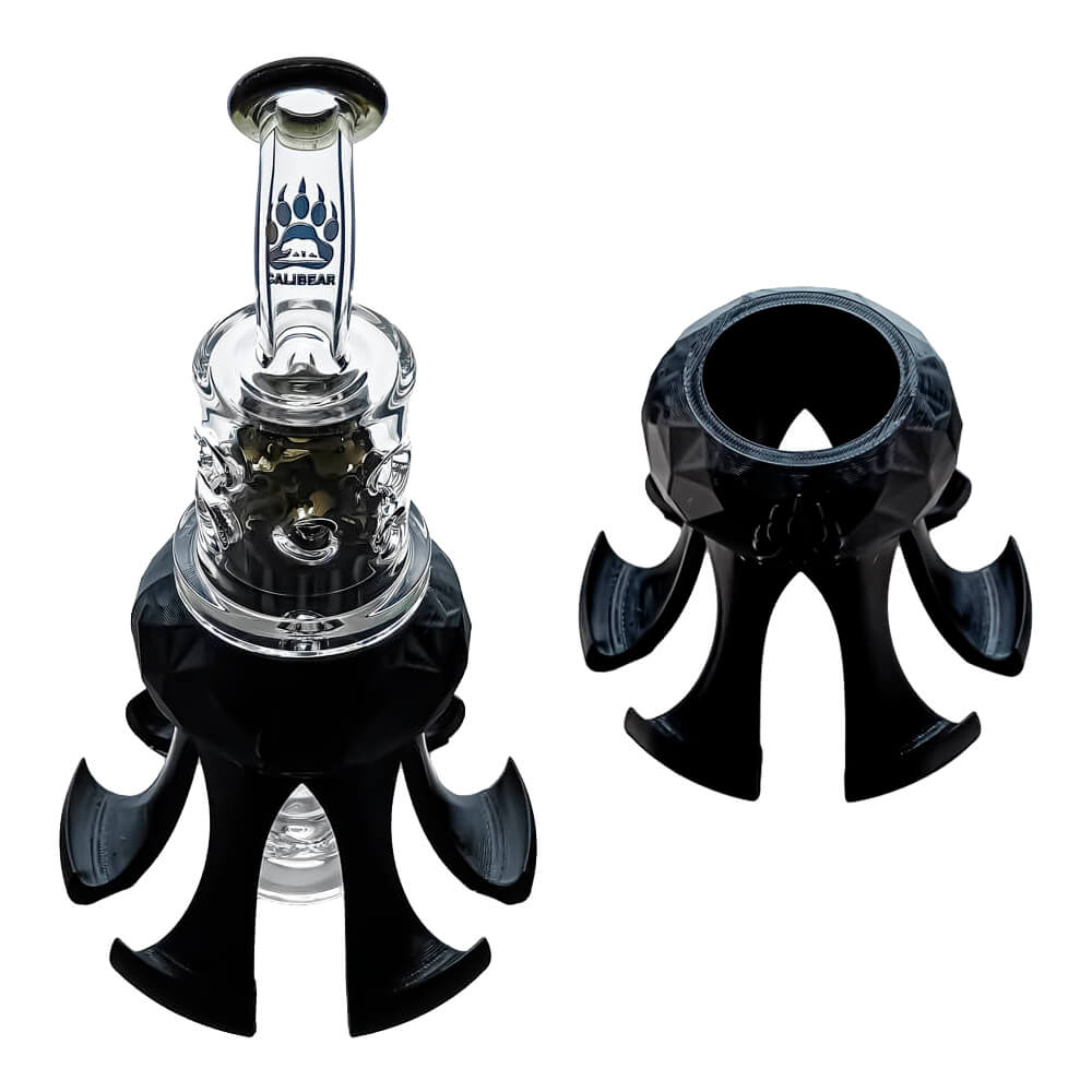 Dankbanger octopus claw glass holder and display stand for Dr. Dabber Switch 2 attachments shown next to a glass recycler setup.