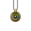 A spherical handcrafted glass pendant necklace showcasing detailed green and gold flower petals spiraling inward toward a brilliant, floating embedded opal gemstone.