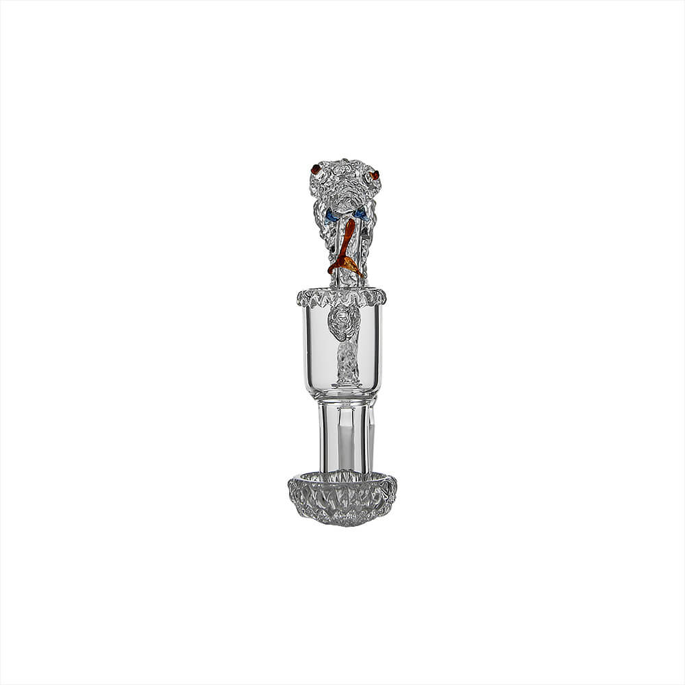 Front view of Dank Banger Space King Snake Banger (Clear) showing sculpted snake head, colored facial accents and glass cup design